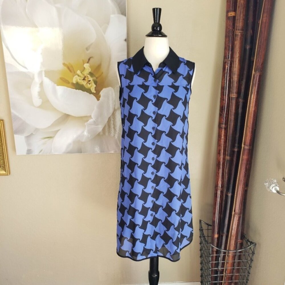 Oleg Cassini Black & Blue Checkered Sleeveless Shirt Dress Size 2